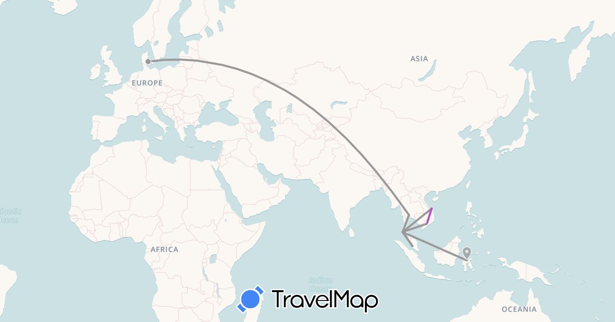 TravelMap itinerary: driving, plane, train in Denmark, Indonesia, Malaysia, Thailand, Vietnam (Asia, Europe)